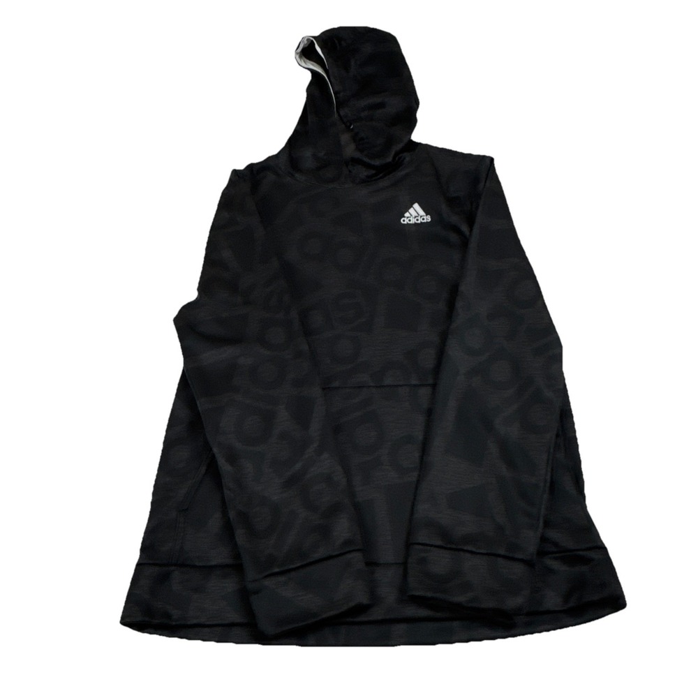 Adidas Boys XL 18-20 Hoodie Gray Black Long Sleeve All Over Logo Sweatshirt
